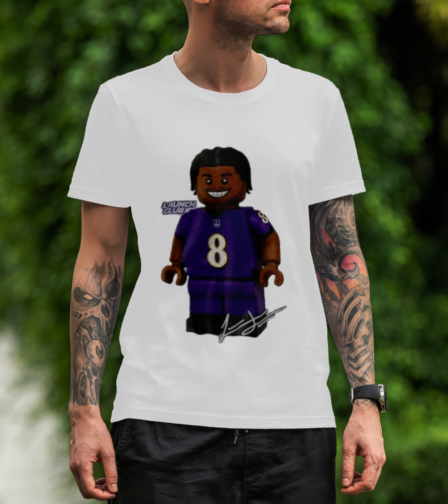 Baltimore Ravens Lamar Jackson Lego Minifigure Purple Jersey Number 8 T-Shirt