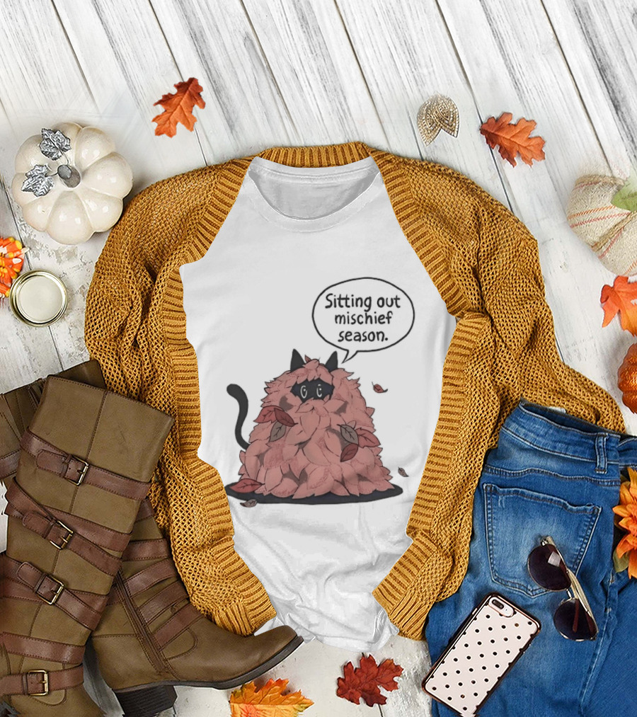 Sitting Out Mischief Season Cat Autumn Leaves T-Shirt