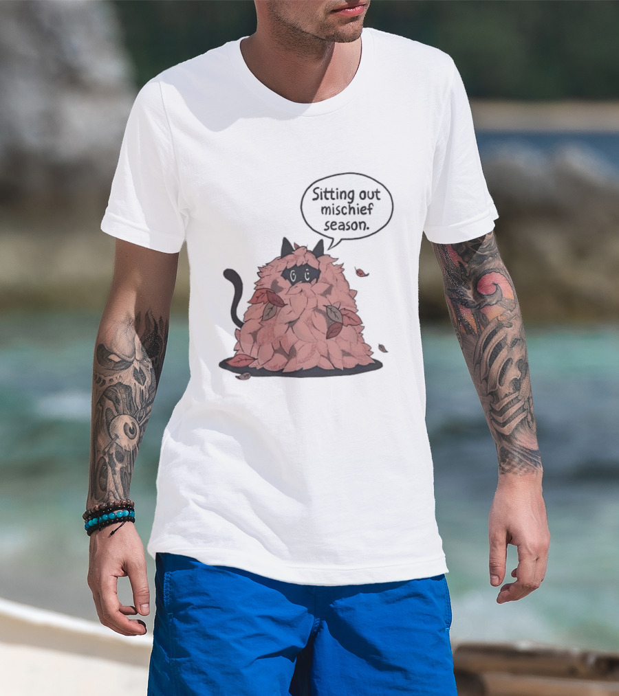 Sitting Out Mischief Season Cat Autumn Leaves T-Shirt