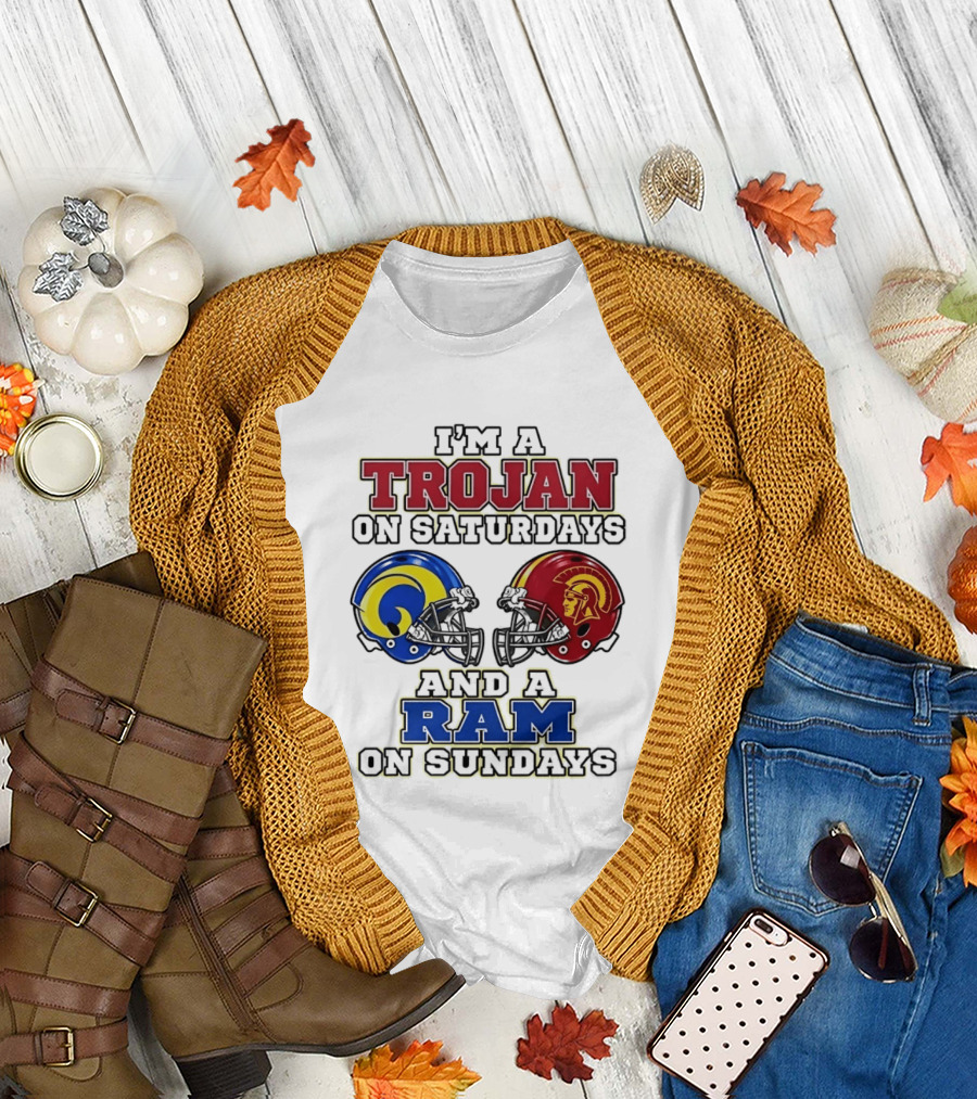 Trojan On Saturdays USC And Ram On Sundays Football Fan Helmet T-Shirt