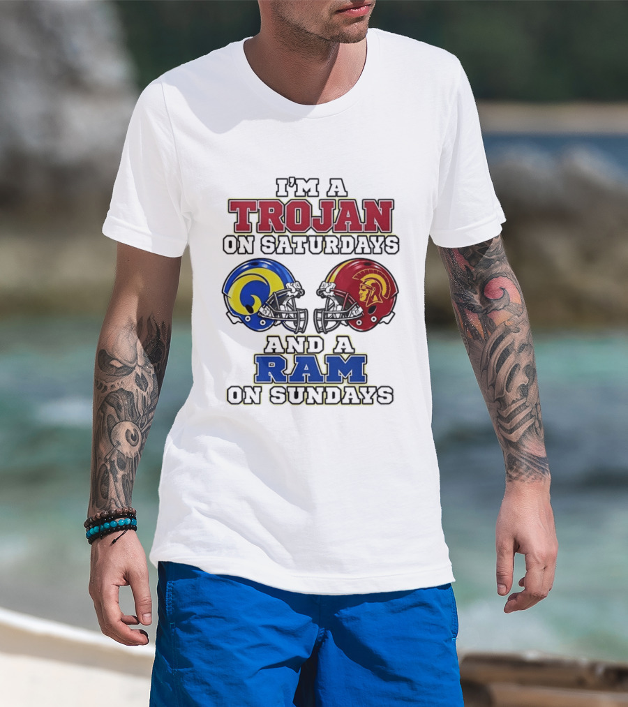 Trojan On Saturdays USC And Ram On Sundays Football Fan Helmet T-Shirt