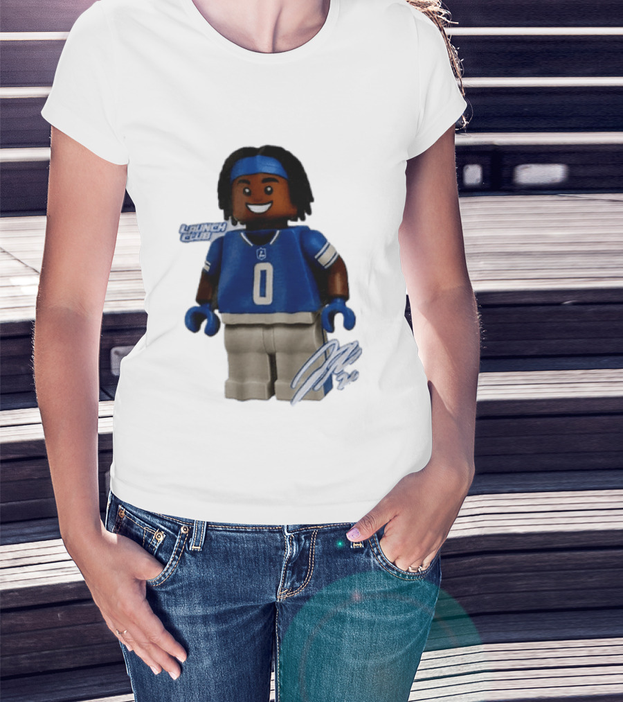 Detroit Lions Jahmyr Gibbs Lego Minifigure Launch Club Football Player T-Shirt