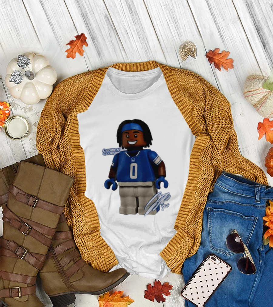 Detroit Lions Jahmyr Gibbs Lego Minifigure Launch Club Football Player T-Shirt