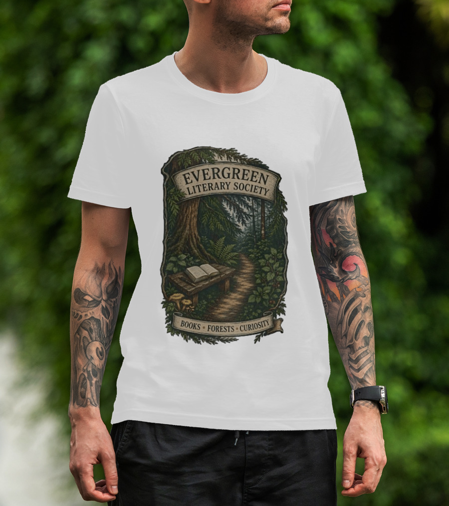Evergreen Literary Society Books Forests Curiosity Pathway Through Trees T-Shirt