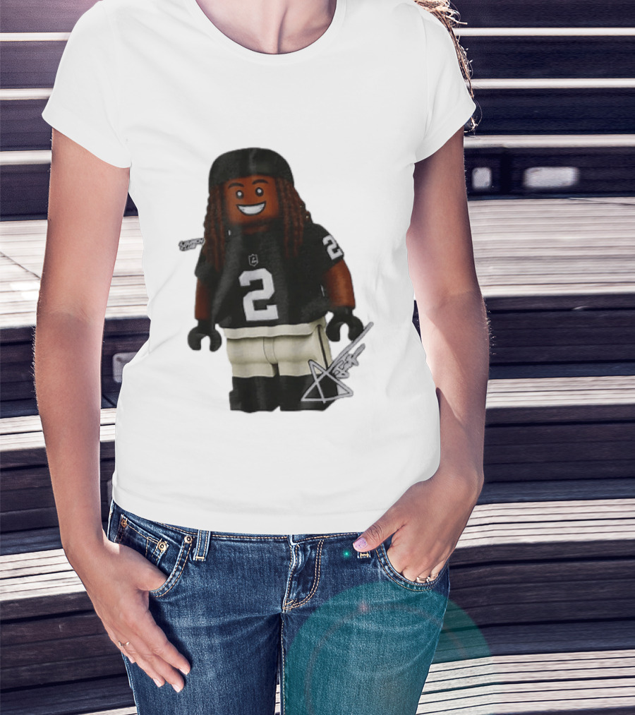 Las Vegas Raiders Running Back Ashton Jeanty 2 Lego Minifigure With Football Helmet T-Shirt