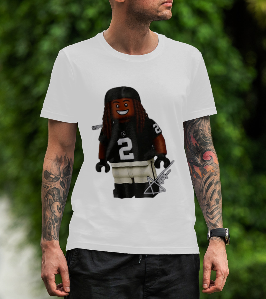 Las Vegas Raiders Running Back Ashton Jeanty 2 Lego Minifigure With Football Helmet T-Shirt