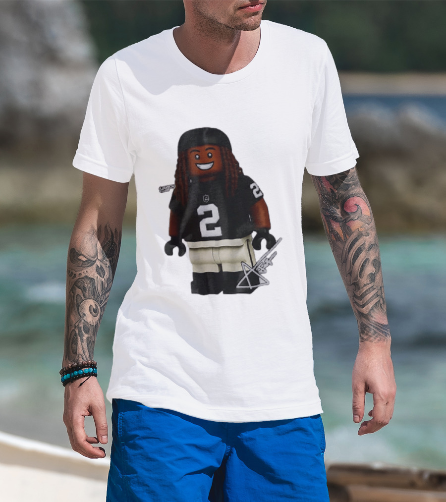 Las Vegas Raiders Running Back Ashton Jeanty 2 Lego Minifigure With Football Helmet T-Shirt