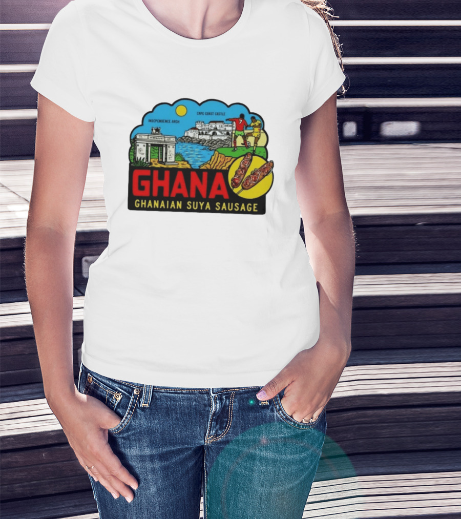 Ghana Cape Coast Castle Independence Arch Ghanaian Suya Sausage Soccer Scene T-Shirt
