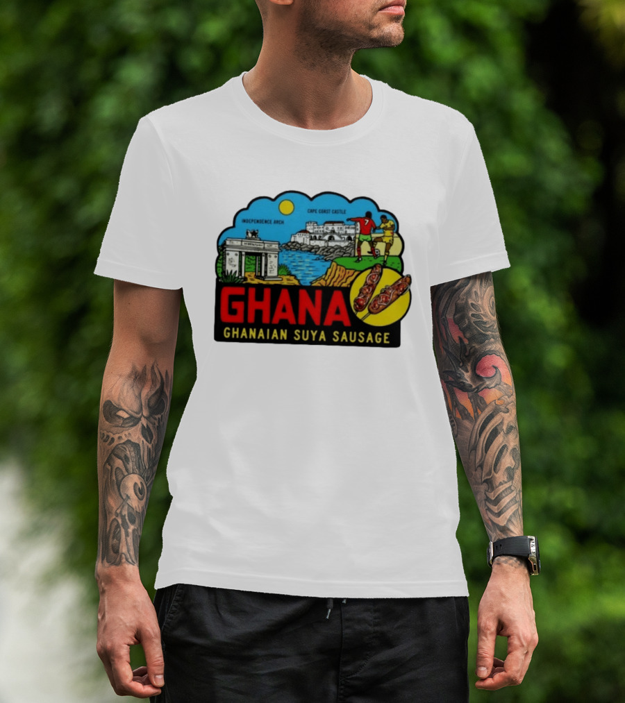 Ghana Cape Coast Castle Independence Arch Ghanaian Suya Sausage Soccer Scene T-Shirt