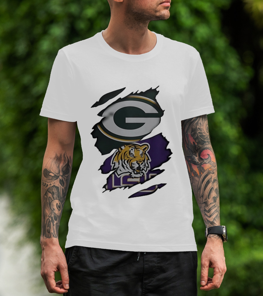 Green Bay Packers G Logo And LSU Tigers Purple And Gold Torn Fabric T-Shirt