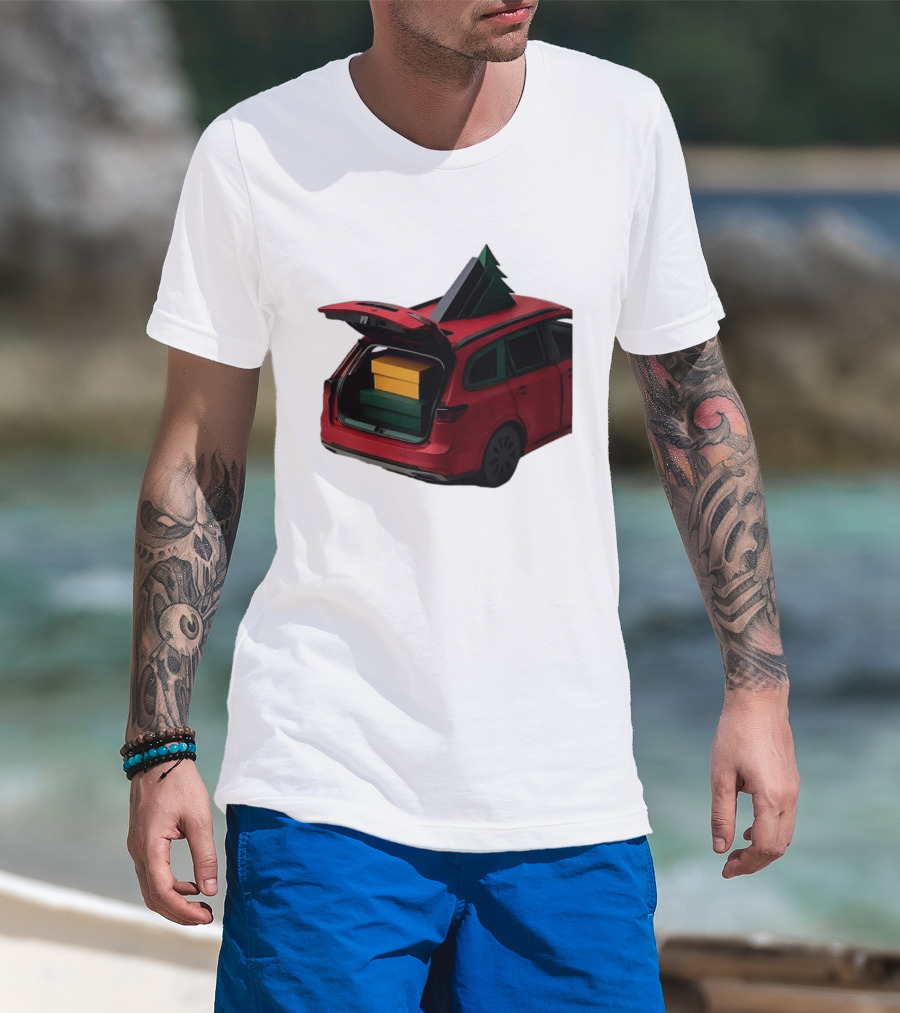 Most Likely To Pack The Car Festive Holiday Travel Scene With Christmas Tree And Gifts T-Shirt