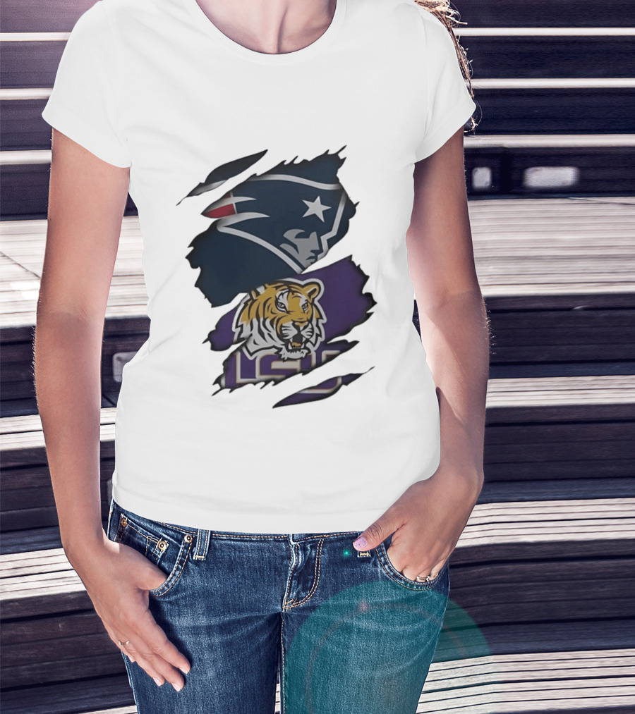 New England Patriots LSU Tigers Torn Fabric Tiger And Patriot Head Logos T-Shirt