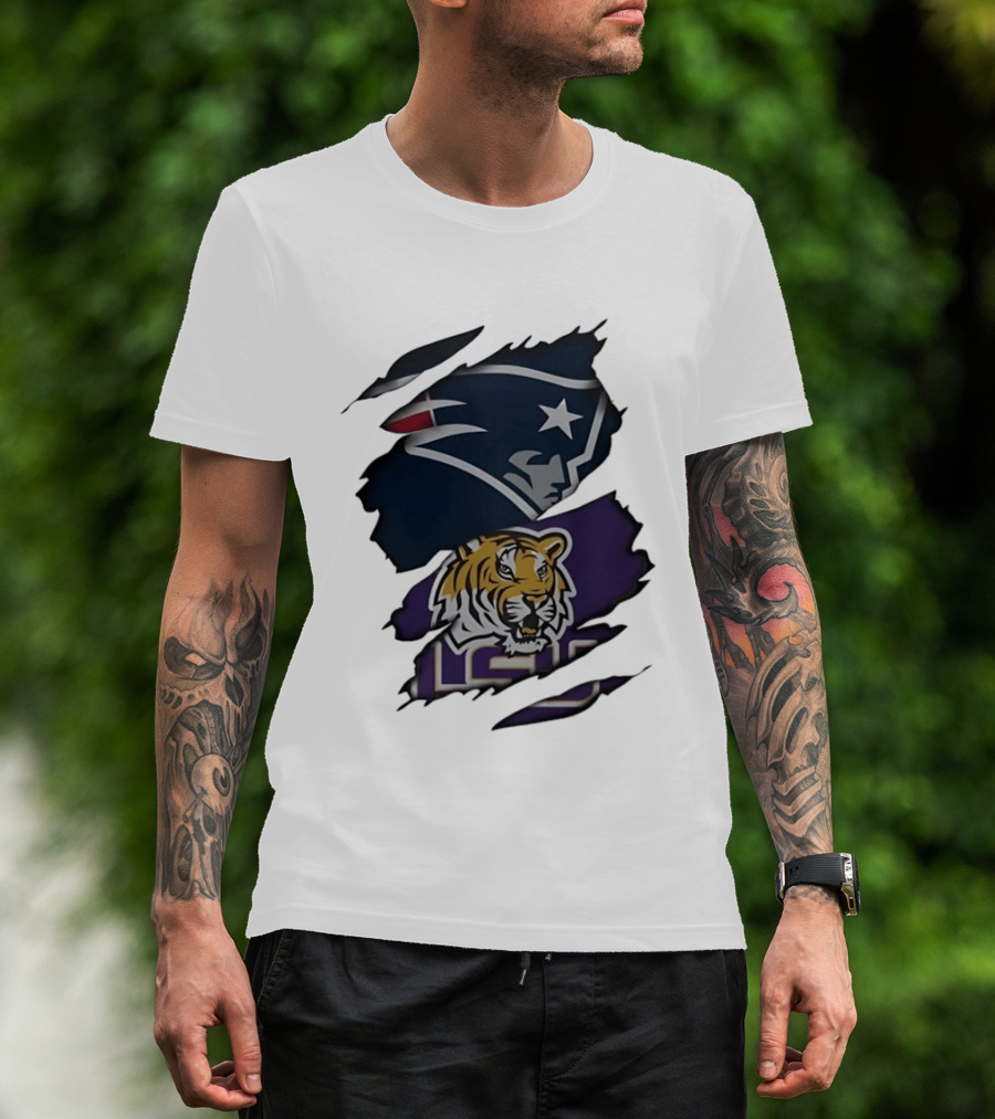 New England Patriots LSU Tigers Torn Fabric Tiger And Patriot Head Logos T-Shirt