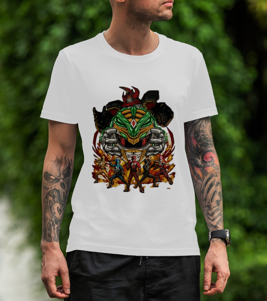 Mighty Morphin Power Rangers Green Ranger Dragonzord Helmet And Team Pose T-Shirt
