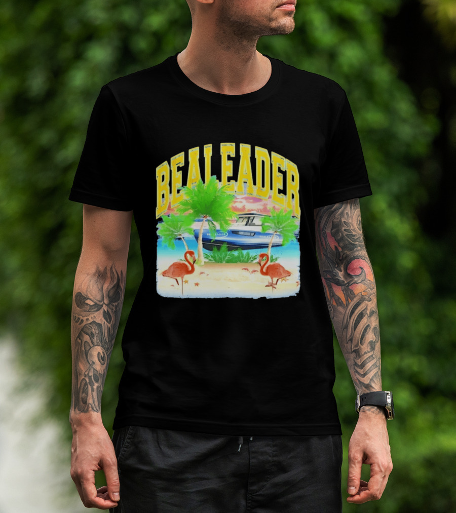 Bealeader Tropical Beach Scene With Palm Trees, Boat, And Flamingos T-Shirt