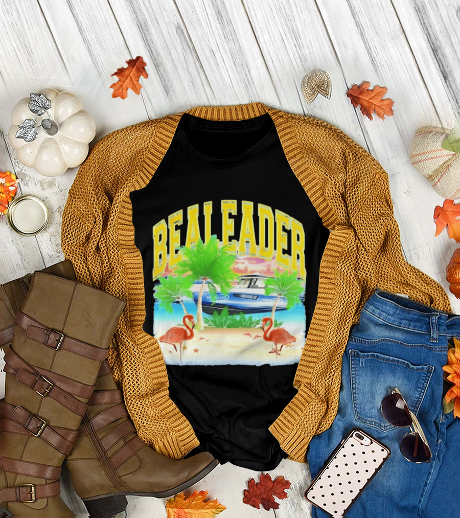 Bealeader Tropical Beach Scene With Palm Trees, Boat, And Flamingos T-Shirt