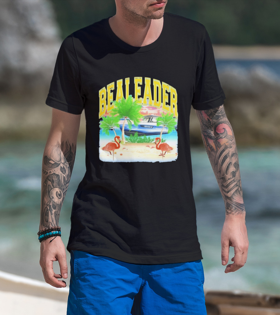 Bealeader Tropical Beach Scene With Palm Trees, Boat, And Flamingos T-Shirt