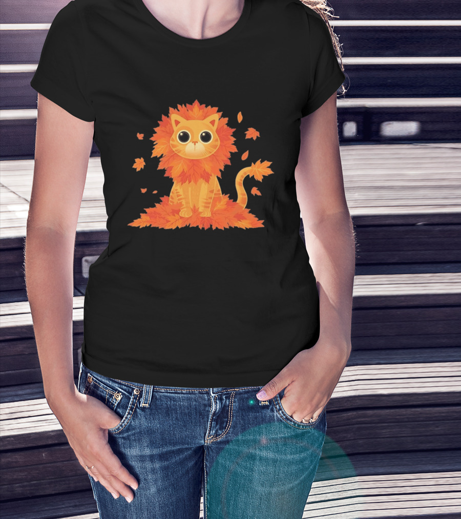 Cat With Autumn Leaves Mane Fall Lion Cozy Cute Kitty T-Shirt