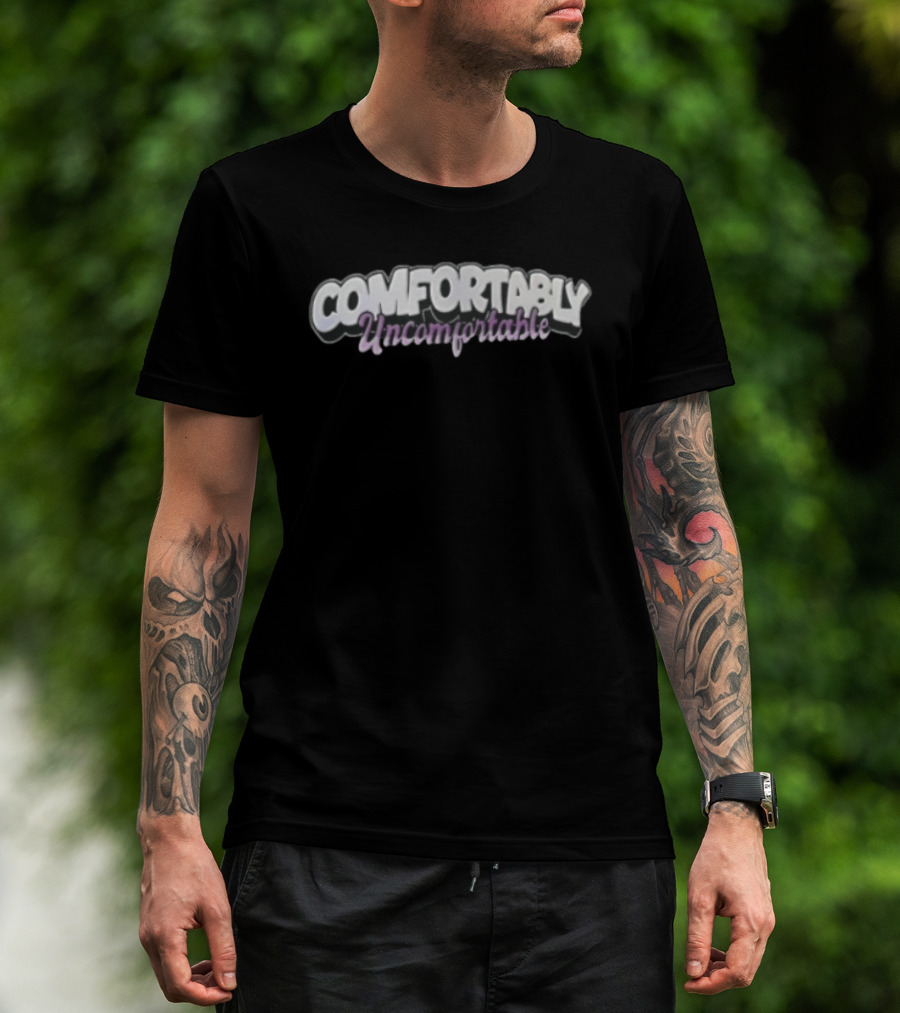 Comfortably Uncomfortable White Bubble Purple Cursive Script T-Shirt