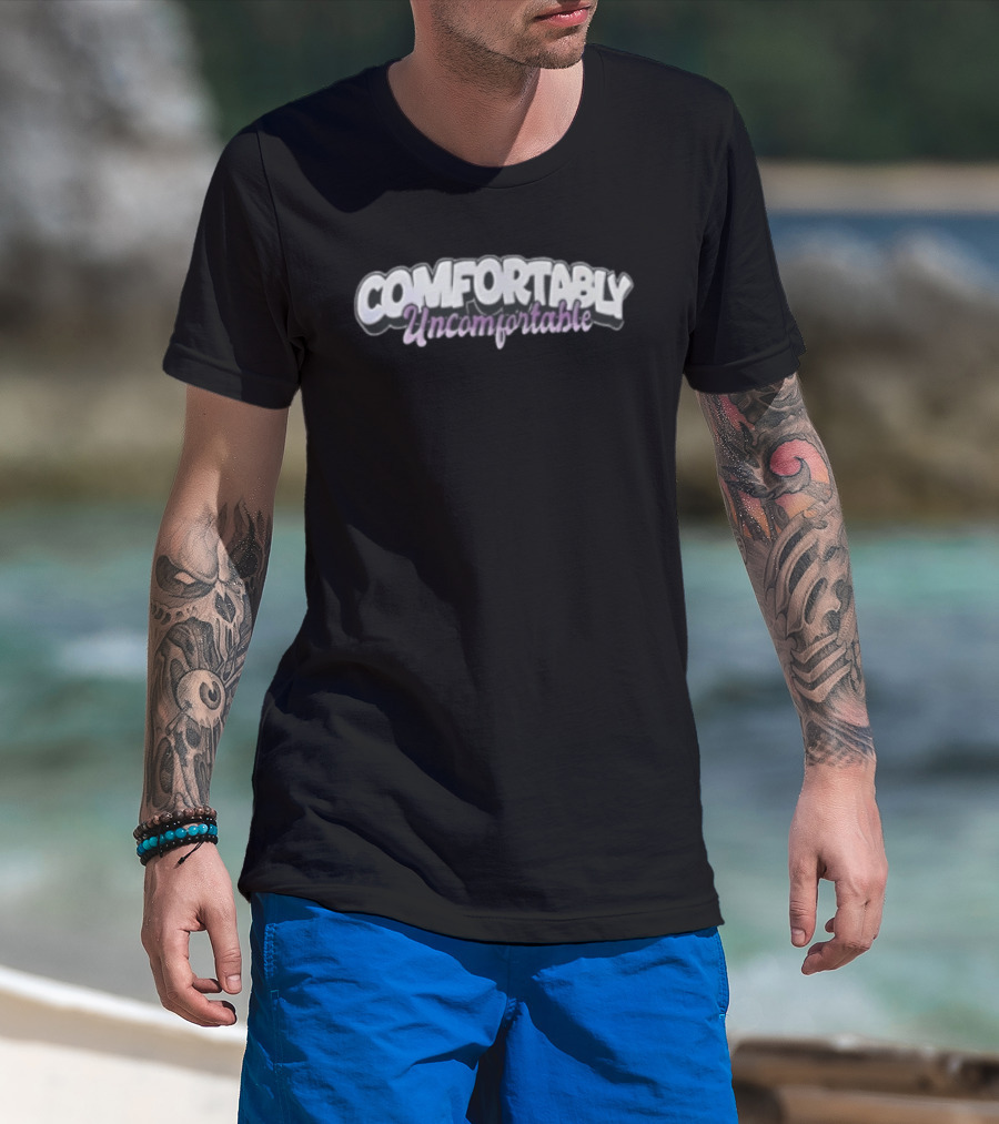 Comfortably Uncomfortable White Bubble Purple Cursive Script T-Shirt