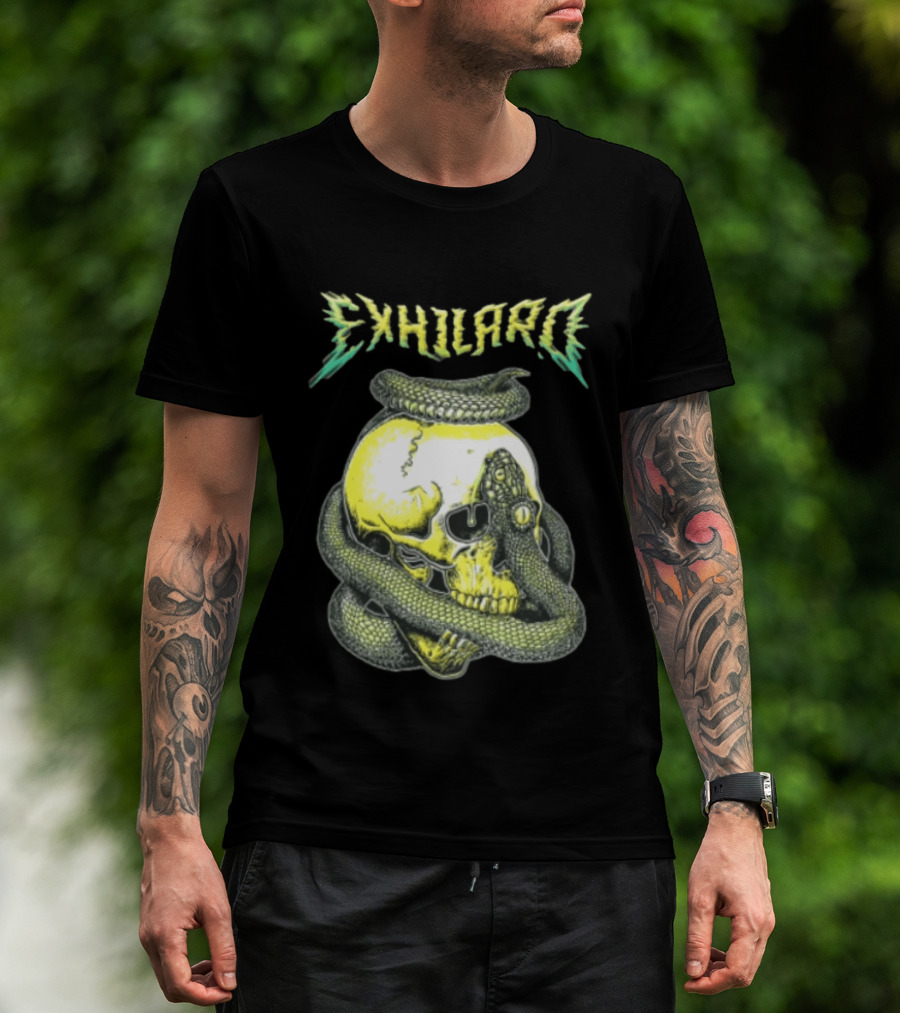 Exhilaro Venomous Serpent Coiled Around Yellow Human Skull T-Shirt