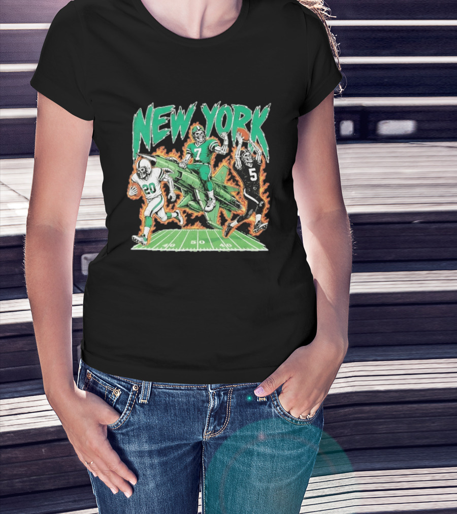 New York Jets Skeleton Football Players With Jet And Field T-Shirt