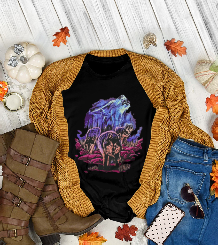 Odm San Diego 2000 Three Wolves Howling Celestial Northern Lights Woods T-Shirt