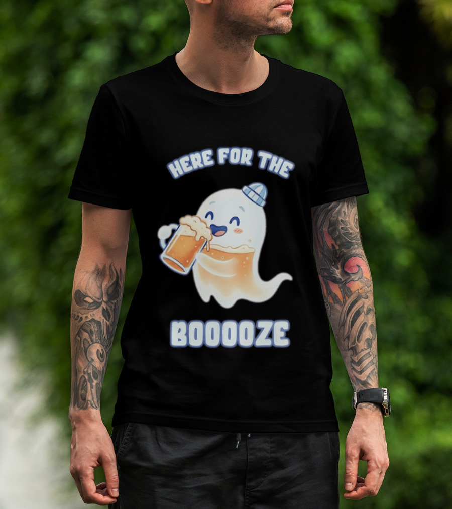 Here For The Booooze Ghost Drinking Beer Fun Halloween T-Shirt