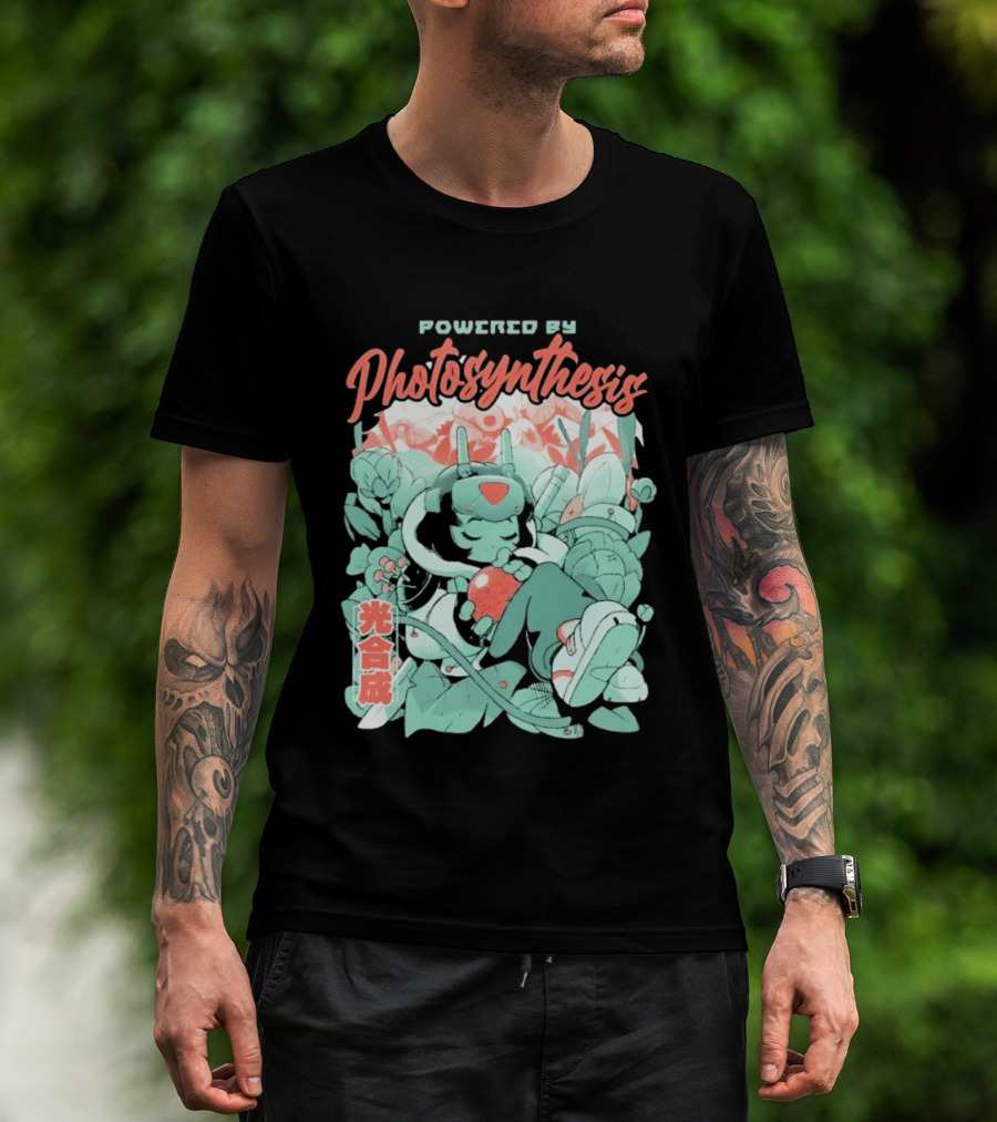 Powered By Photosynthesis Anime Kanji Characters And Cute Green Robot T-Shirt