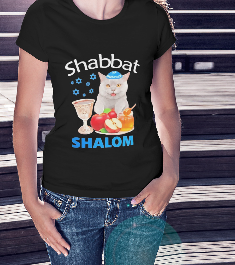 Shabbat Shalom Cat With Kippah Apples Honey And Wine Cup T-Shirt