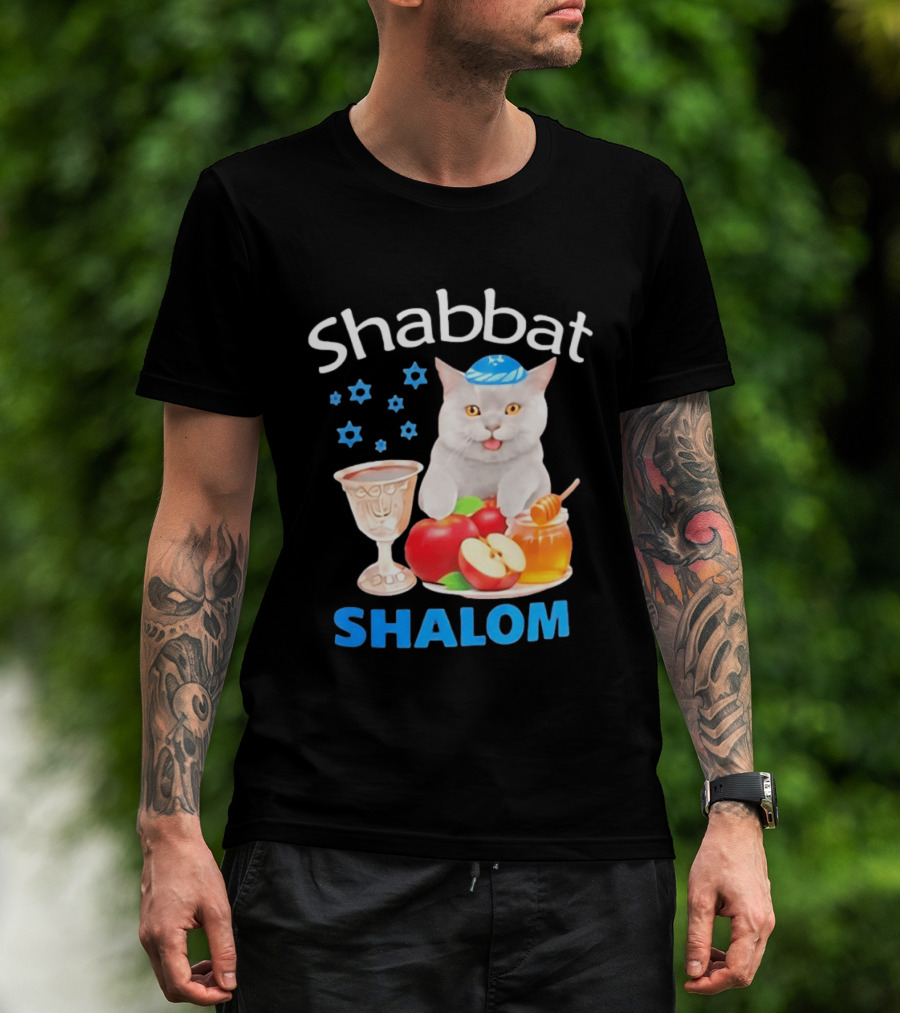 Shabbat Shalom Cat With Kippah Apples Honey And Wine Cup T-Shirt