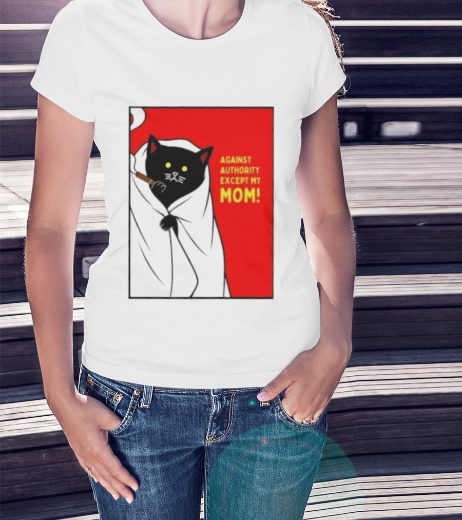 Black Cat Against Authority Except My Mom Smoking Cloaked Yellow Eyes Red T-Shirt