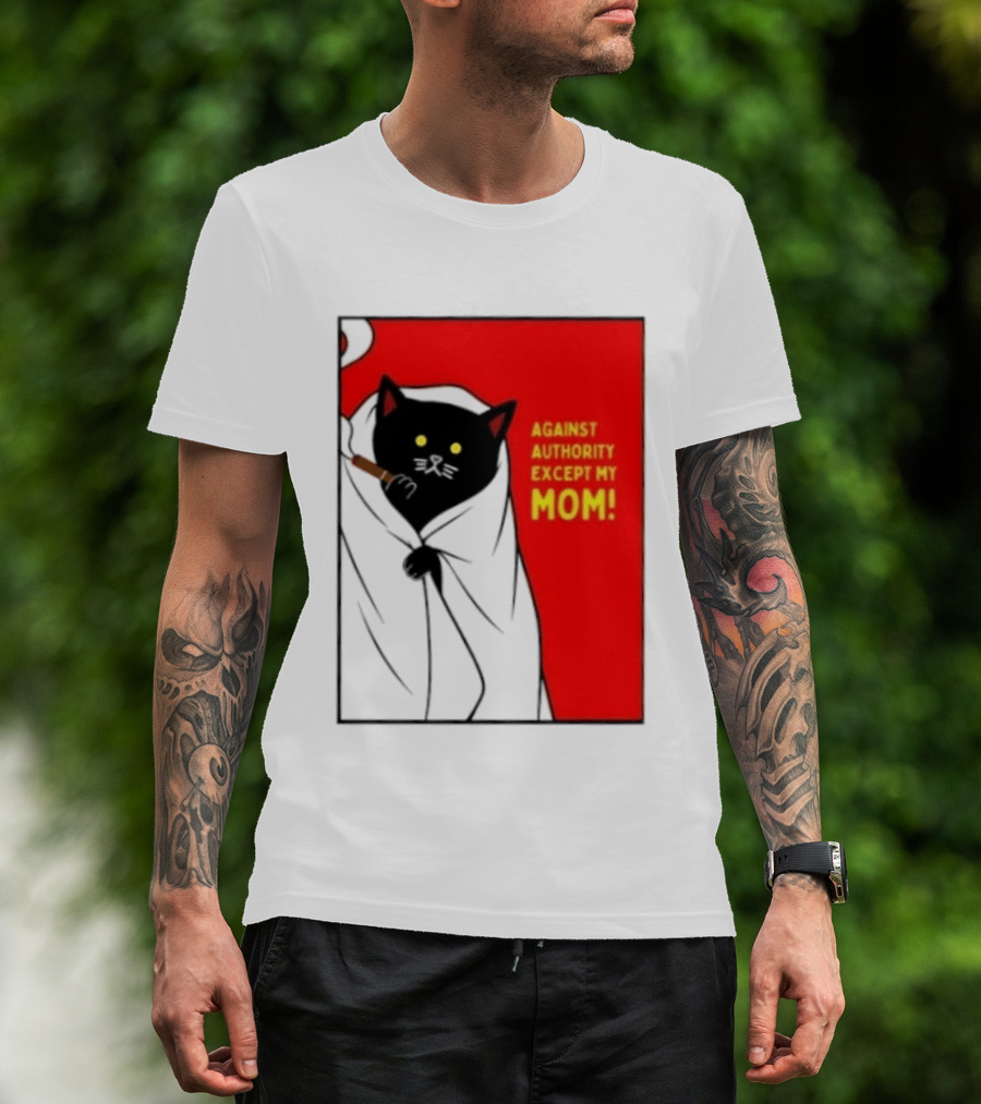 Black Cat Against Authority Except My Mom Smoking Cloaked Yellow Eyes Red T-Shirt