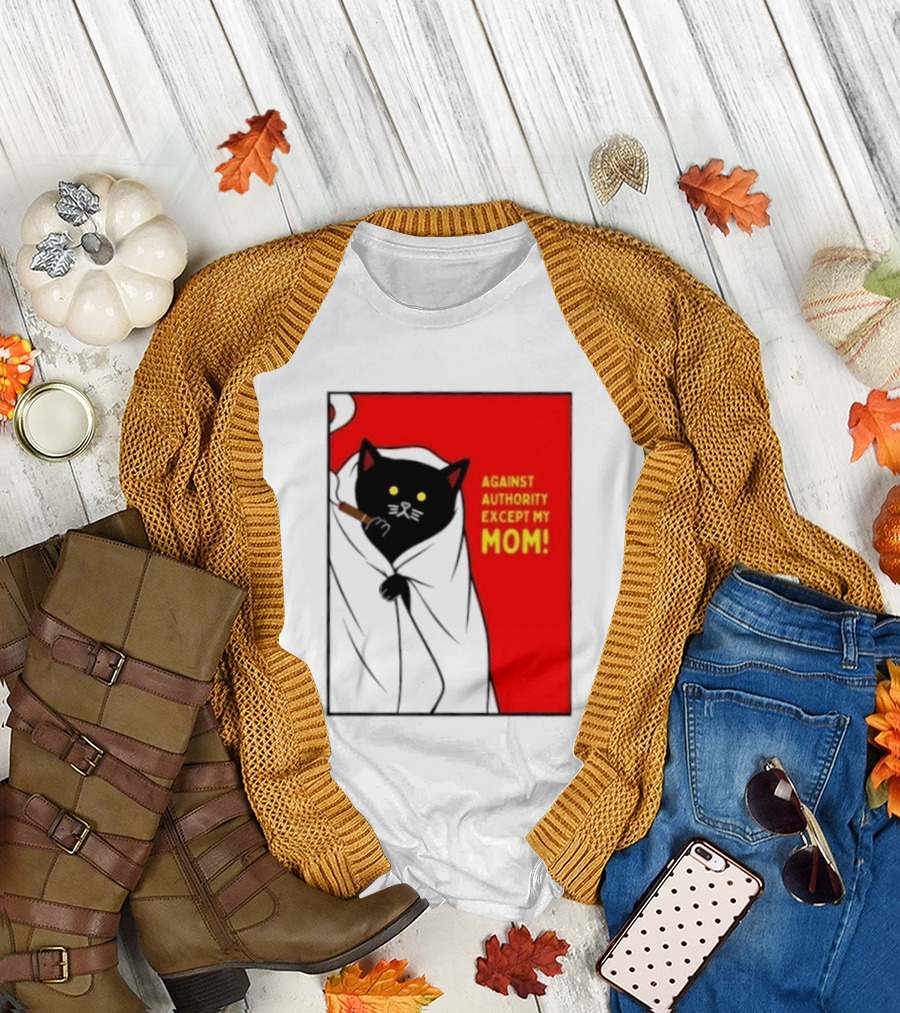 Black Cat Against Authority Except My Mom Smoking Cloaked Yellow Eyes Red T-Shirt