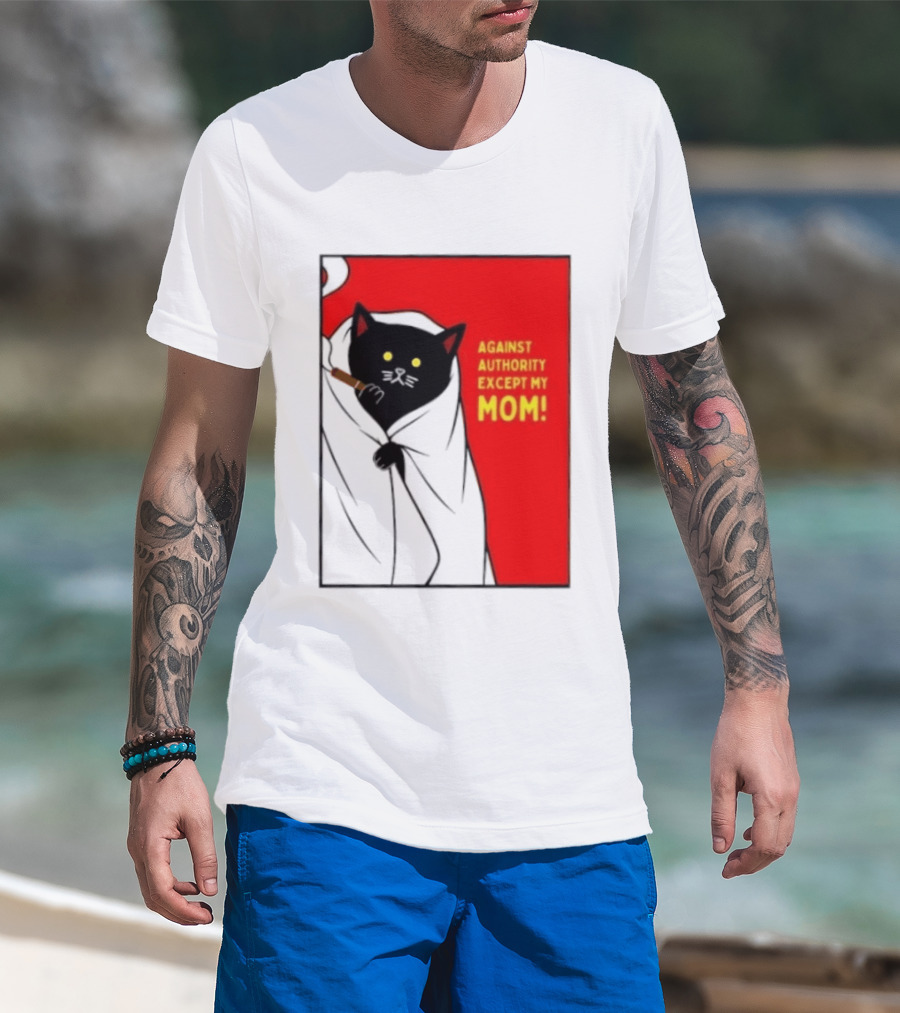 Black Cat Against Authority Except My Mom Smoking Cloaked Yellow Eyes Red T-Shirt