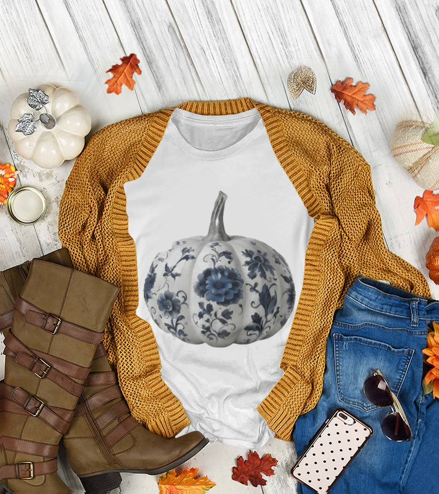Blue Floral Porcelain Pumpkin China Blue Pumpkin Decor T-Shirt
