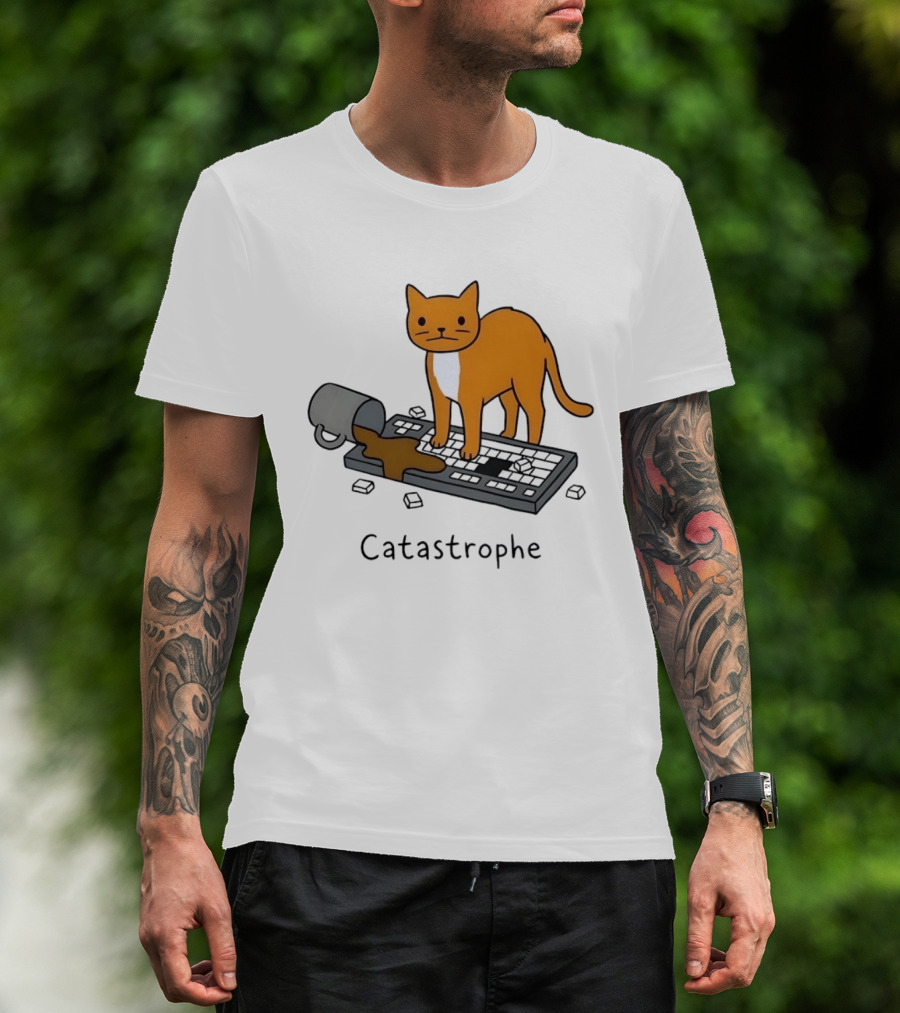 Catastrophe Orange Cat Spilling Coffee On Keyboard T-Shirt