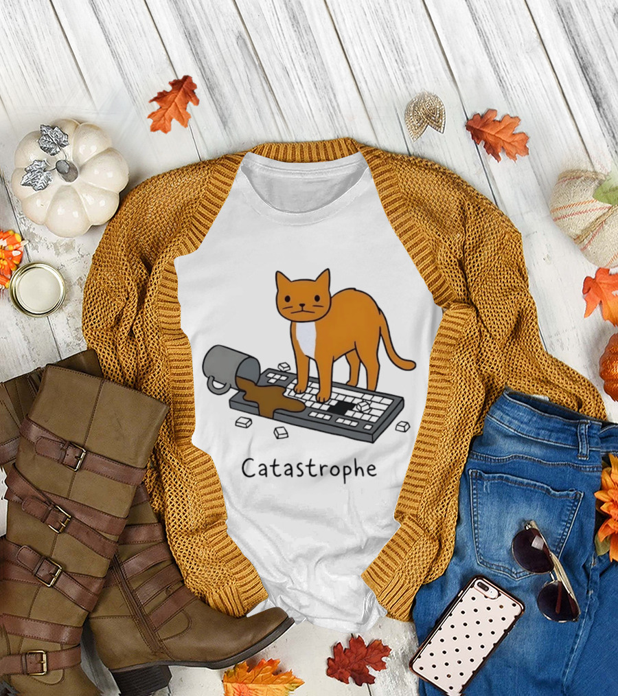 Catastrophe Orange Cat Spilling Coffee On Keyboard T-Shirt
