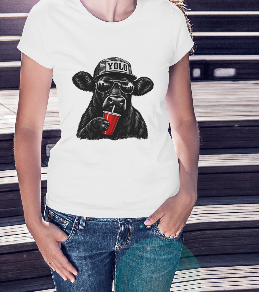 Cow With Yolo Camo Hat Sunglasses Red Cup T-Shirt
