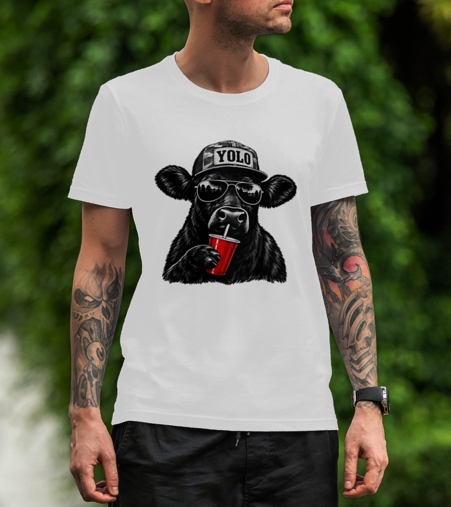 Cow With Yolo Camo Hat Sunglasses Red Cup T-Shirt