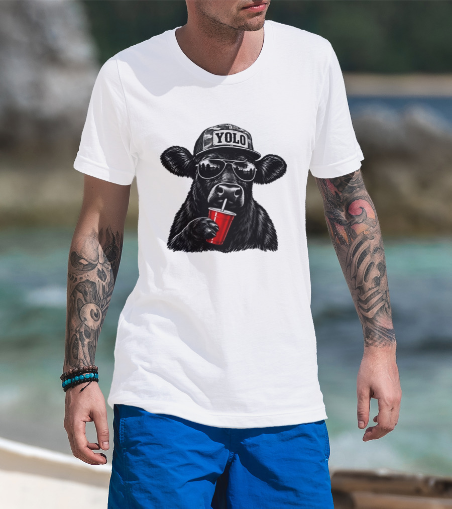 Cow With Yolo Camo Hat Sunglasses Red Cup T-Shirt