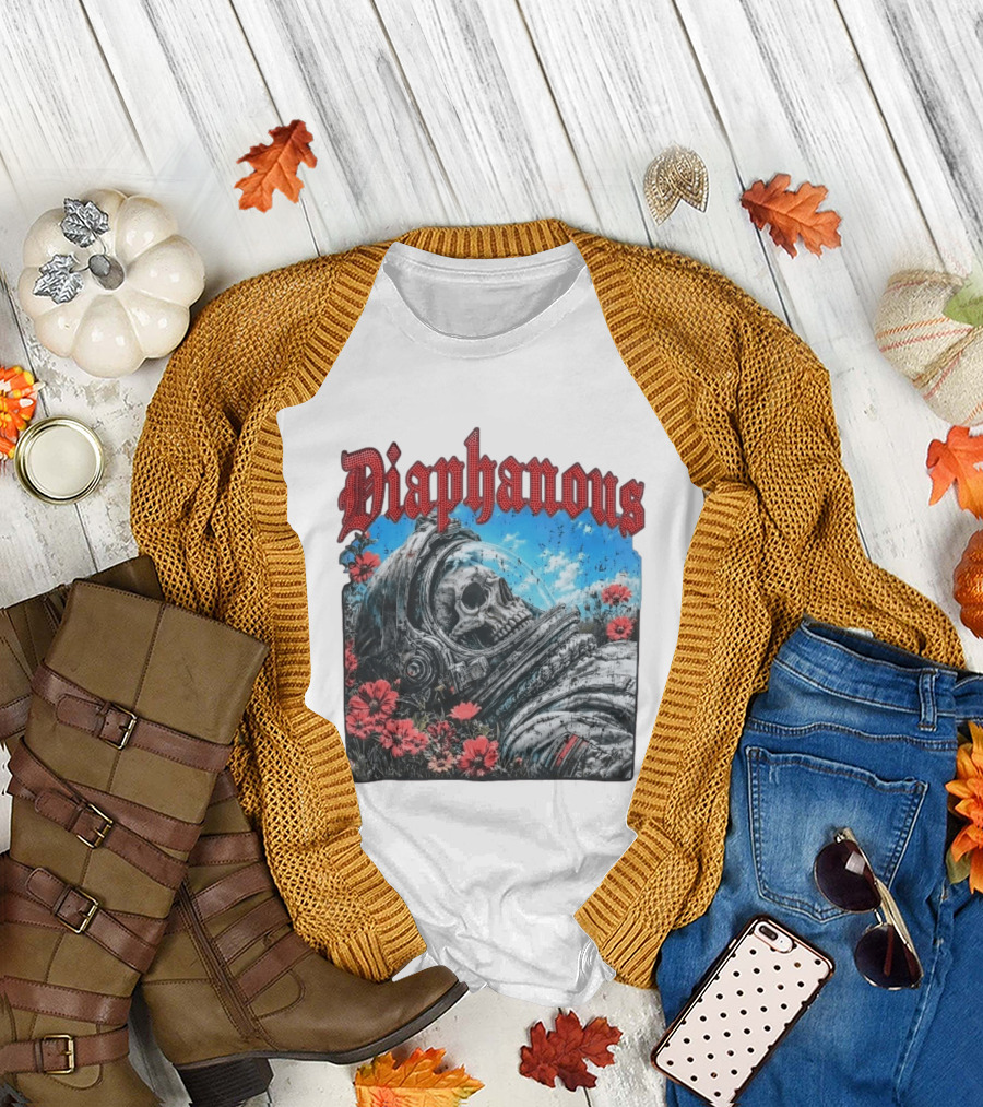 Diaphanous Distressed Skull Astronaut In Flowers With Cosmic T-Shirt
