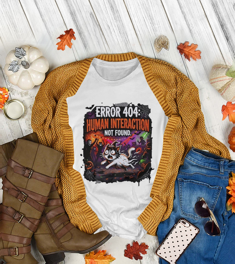 Error 404 Human Interaction Not Found Halloween Cat Spooky Party Scene T-Shirt