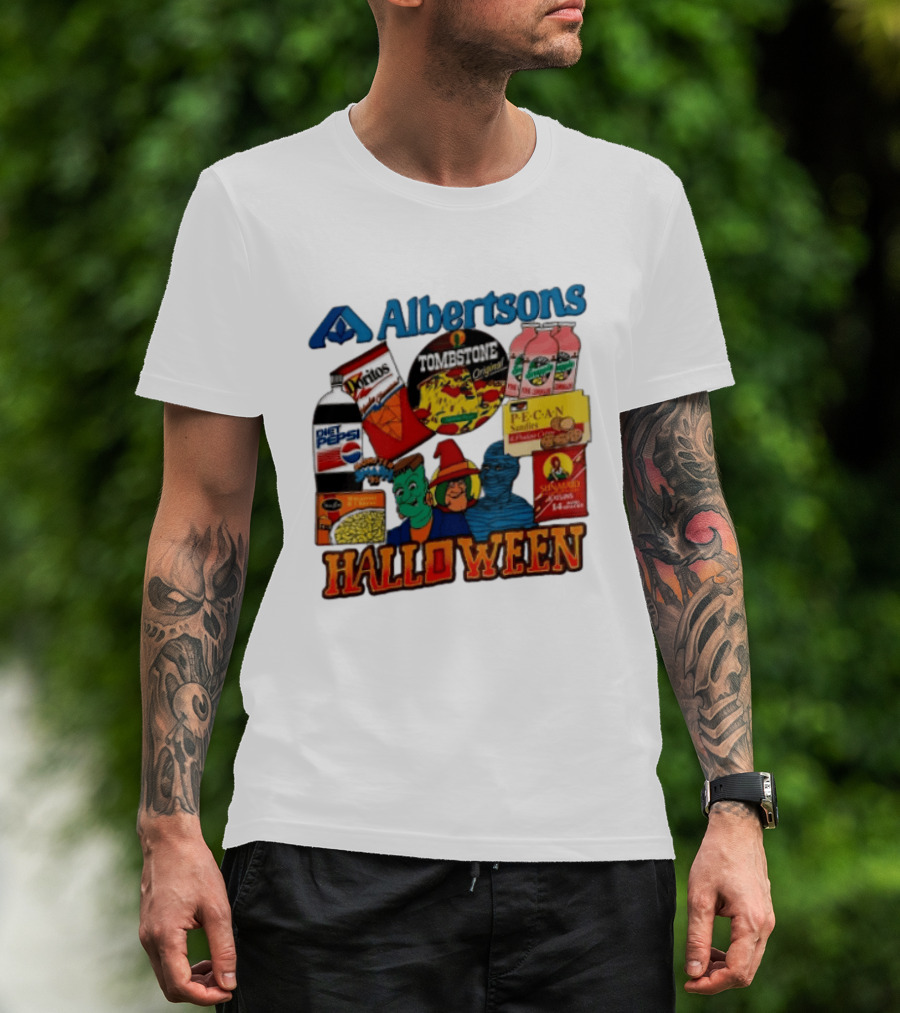 Albertsons Halloween Frankenstein Witch Mummy Featuring Diet Pepsi Doritos Tombstone Pizza T-Shirt