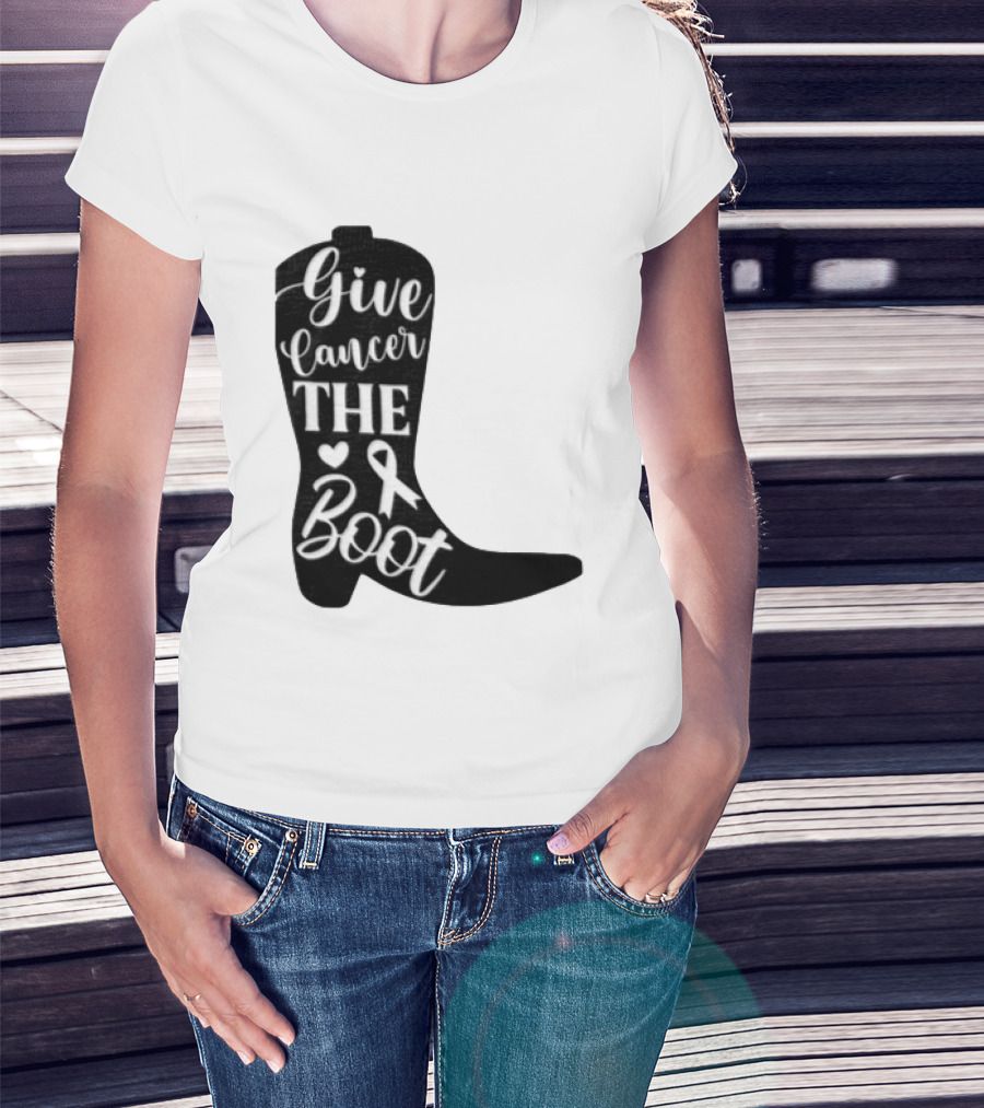 Give Cancer The Boot Awareness Ribbon Western Cowboy Boot T-Shirt