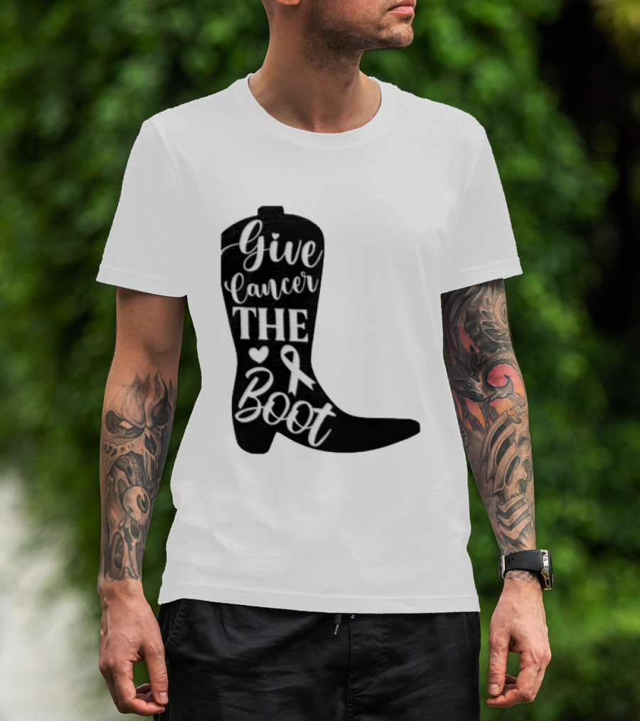Give Cancer The Boot Awareness Ribbon Western Cowboy Boot T-Shirt