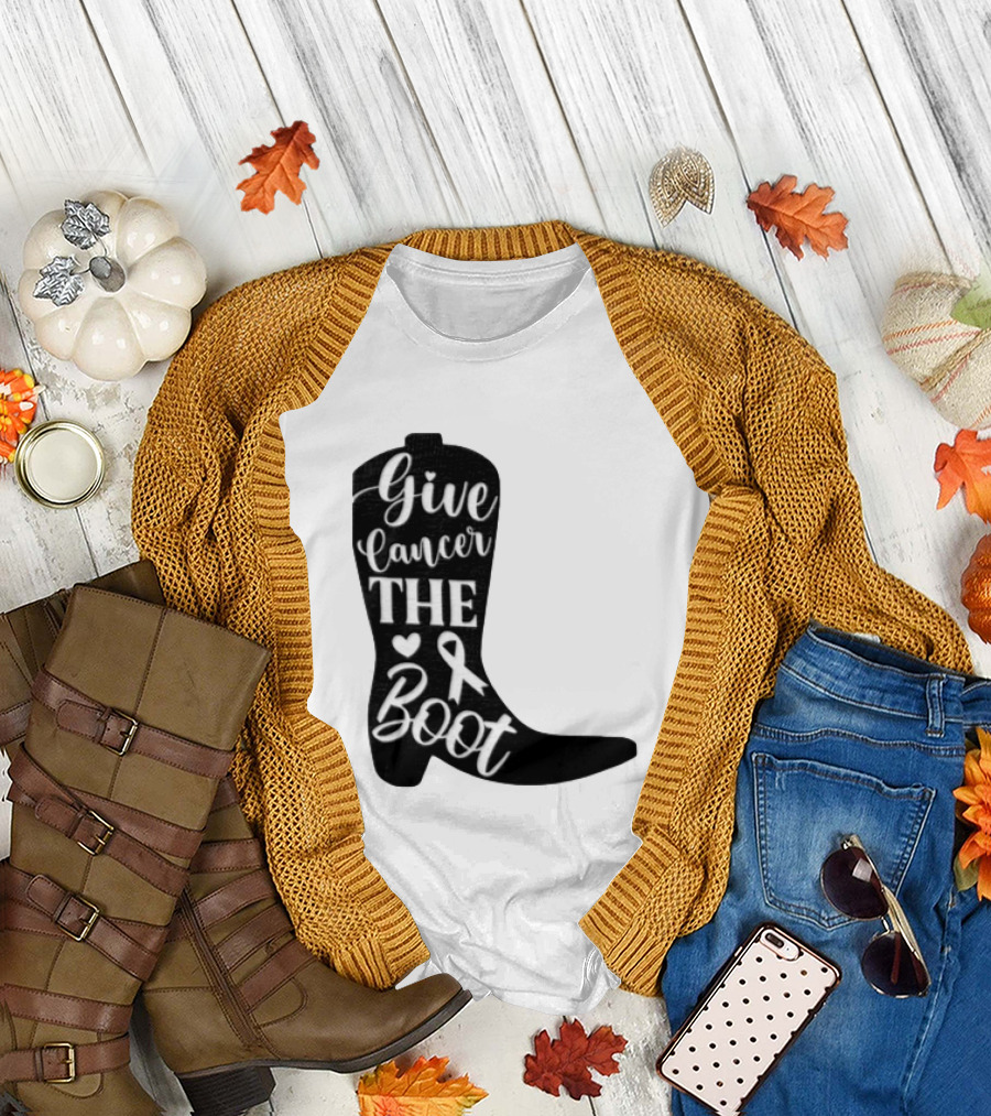 Give Cancer The Boot Awareness Ribbon Western Cowboy Boot T-Shirt