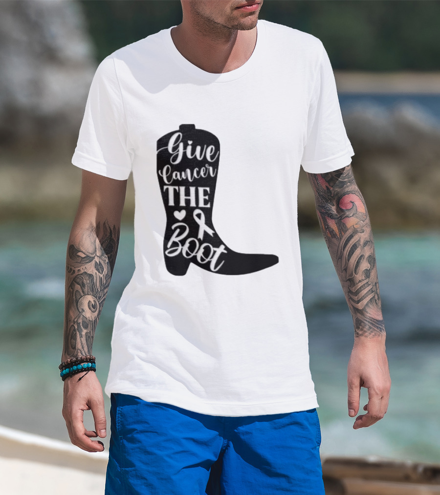 Give Cancer The Boot Awareness Ribbon Western Cowboy Boot T-Shirt