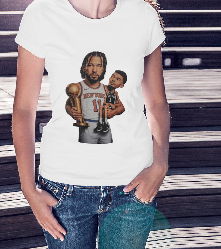 New York Knicks Jalen Brunson Embraces San Antonio Spurs Victor Wembanyama NBA Trophy T-Shirt