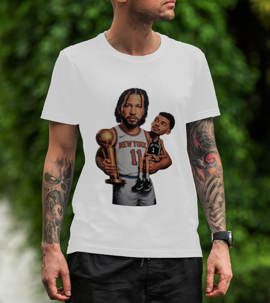 New York Knicks Jalen Brunson Embraces San Antonio Spurs Victor Wembanyama NBA Trophy T-Shirt